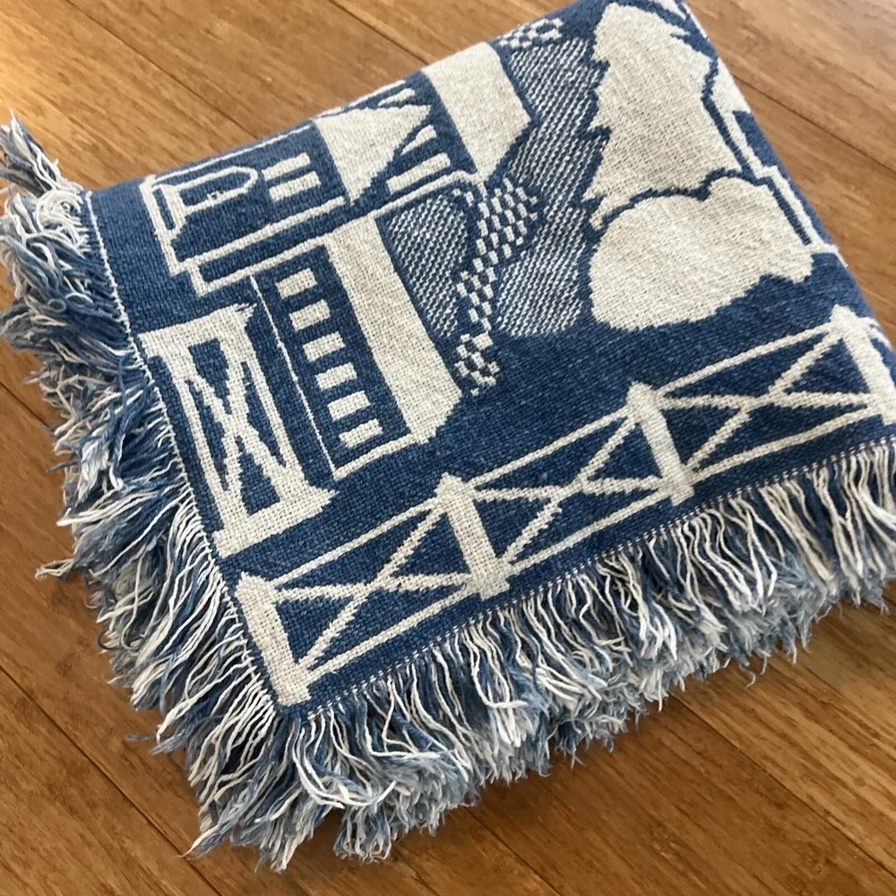 Lovebirds Woven Throw Blanket 53x44 Blue Folk Art Bird Heart Cotton Americana